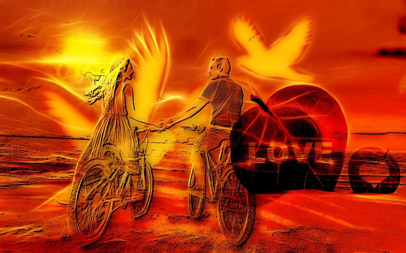 a man riding a bike next to a woman on a bike, an airbrush painting, inspired by Wojciech Kossak, trending on pixabay, romanticism, orange planet, dove, i love you, 7 0 mm. digital art