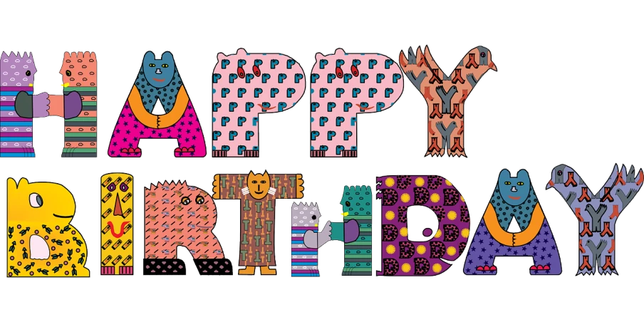 a birthday card with the words happy birthday, a digital rendering, pixabay, art brut, multicolored crocheted cats, !!! very coherent!!! vector art, with a black background, piggy