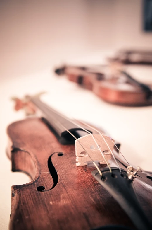 a close up of a violin on a table, a tilt shift photo, guitars, on a pale background, low angle photo, three fourths view