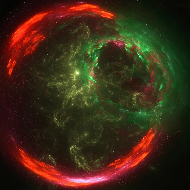 a close up of a green and red object, by Daniel Chodowiecki, space art, 3d cg, space nebula background, fractal burning halo, space photo