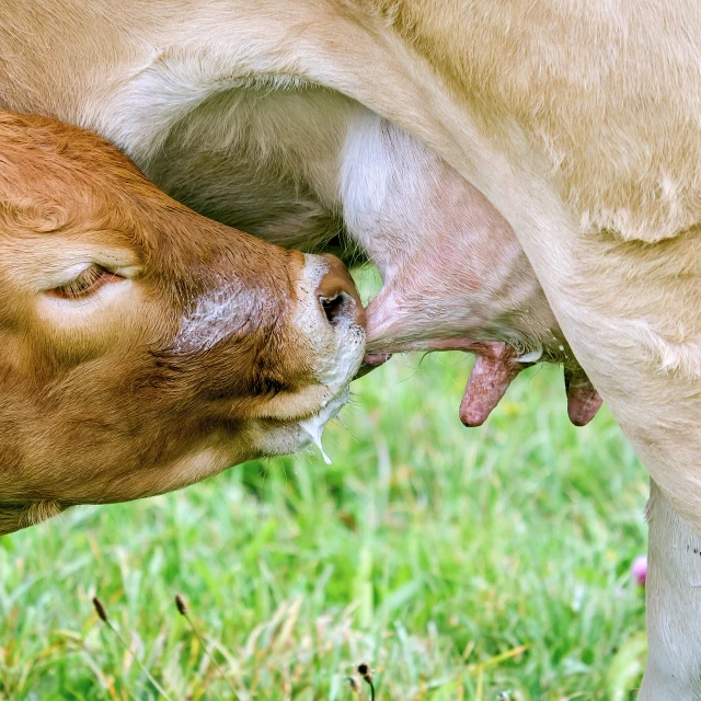 a couple of cows that are standing in the grass, a stock photo, shutterstock, cat and dog licking each other, closeup photo, covered with organic flesh, close up shot from the side