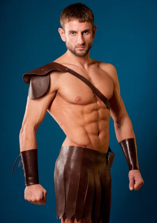 a shirtless man dressed in leather poses for a picture, inspired by Hercules Seghers, renaissance, smiling spartan, lycra costume, brown:-2, fedosenko roman