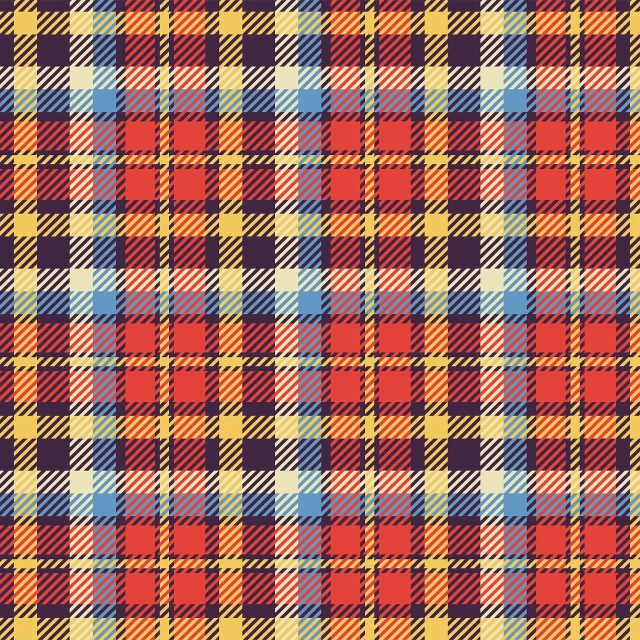 a red, yellow and blue plaid fabric, shutterstock, flat color, textile print, perfectly tileable, slight color bleed