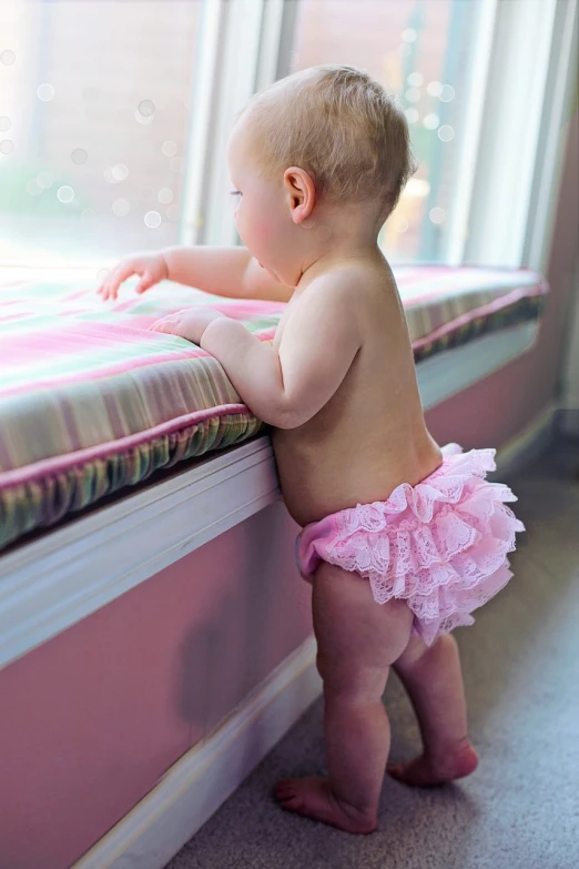 a baby in a diaper looking out a window, a picture, beautiful pink little girl, ruffles, side view of her taking steps, cute panties