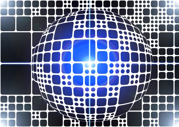 a close up of a sphere with squares on it, a digital rendering, vector images, seventies, illuminating the area, centered in panel