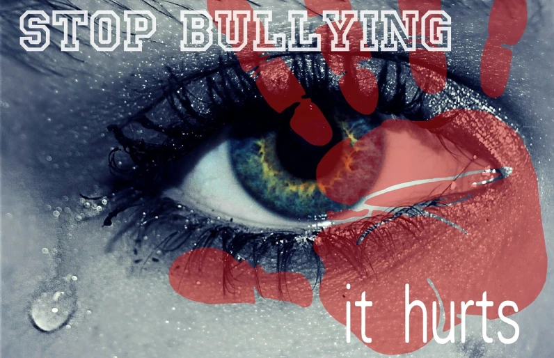 a close up of a person's eye with the words stop bullying, a picture, hurufiyya, wallpaper”, watch photo, ad image, my heart is human