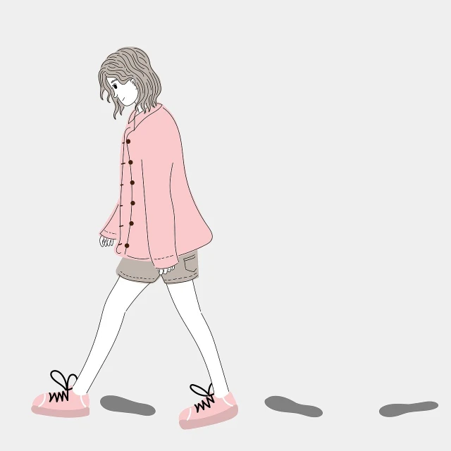 a drawing of a woman walking down a street, an anime drawing, inspired by Naka Bokunen, shin hanga, cartoonish vector style, pink shoes, reduced minimal illustration, gray color