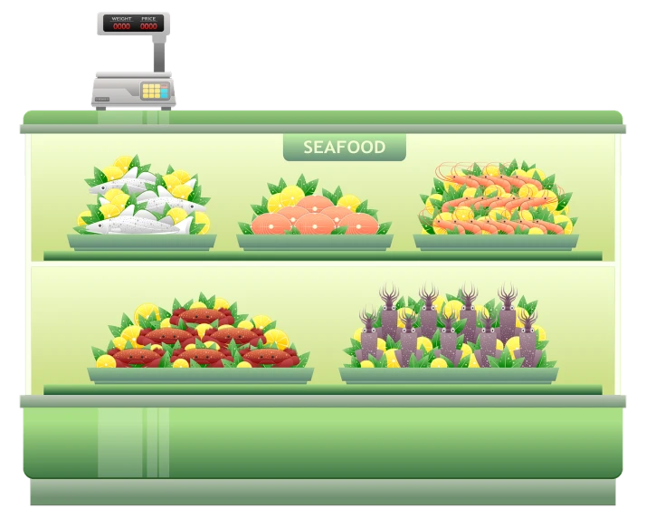 a display case filled with lots of different types of vegetables, a digital rendering, by Josetsu, naive art, detailed vector, scales, terminal, cod