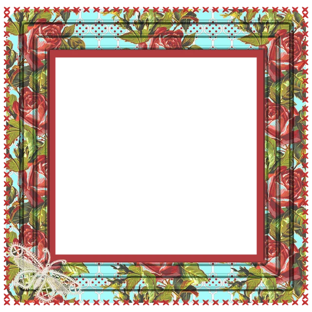 a picture frame with red roses on a blue background, inspired by Cindy Wright, flickr, baroque, red green black teal, scrapbook, wide screenshot, with a square