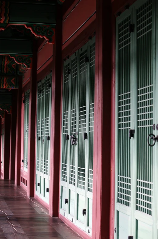 a row of doors on the side of a building, inspired by Wang Yi, pexels, baroque, green and red tones, singapore esplanade, from inside a temple, photo taken with canon 5d