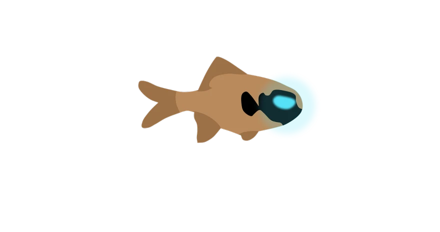 a close up of a fish with a frisbee in its mouth, inspired by Jean-Léon Gérôme, trending on deviantart, hurufiyya, brown and cyan color scheme, glowing eye, lineless, wheatly from portal 2
