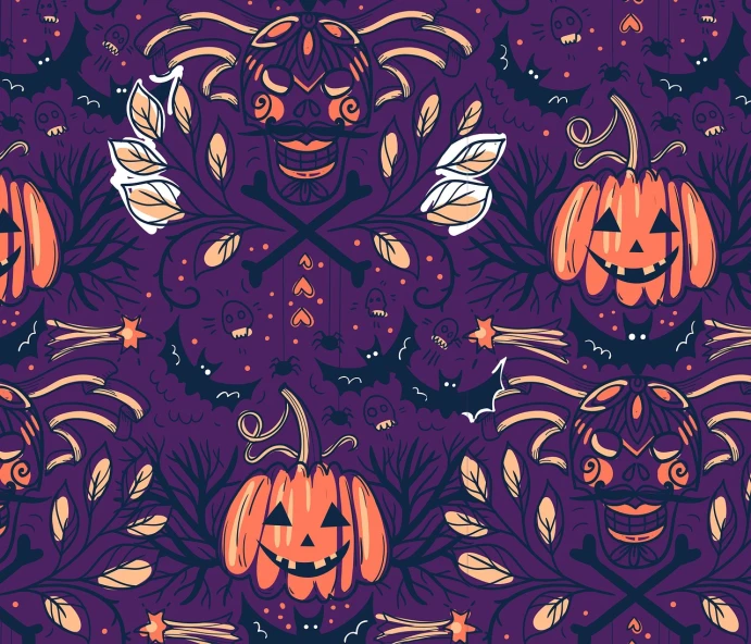 a pattern of pumpkins and bats on a purple background, inspired by Lubin Baugin, baroque, hypervivid intense mcbess, gloomcore illustration, symmetry illustration, portfolio illustration