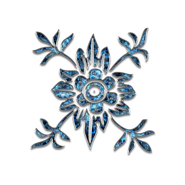 a close up of a snowflake on a black background, a digital rendering, deviantart, carved from sapphire stone, fantasy flowers and leaves, in style of chrome hearts, glass mosaic