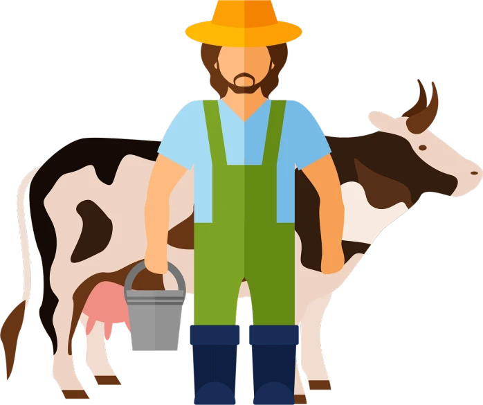 a man with a bucket standing next to a cow, pixabay, naive art, logo without text, wearing a straw hat and overalls, datanft as a data avatar, compressed jpeg