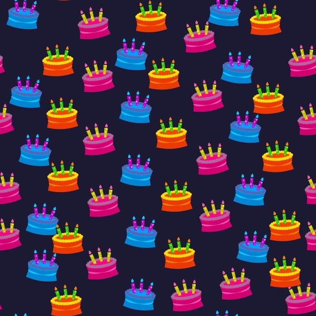 a bunch of colorful cakes with candles on them, concept art, pixel art, abstract pattern, indigo background, with crown, lineless
