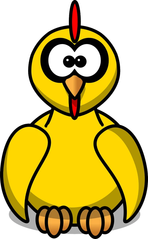 a cartoon yellow bird with a red beak, pixabay, mingei, !!! very coherent!!! vector art, chicken, looking surprised, bird\'s eye view