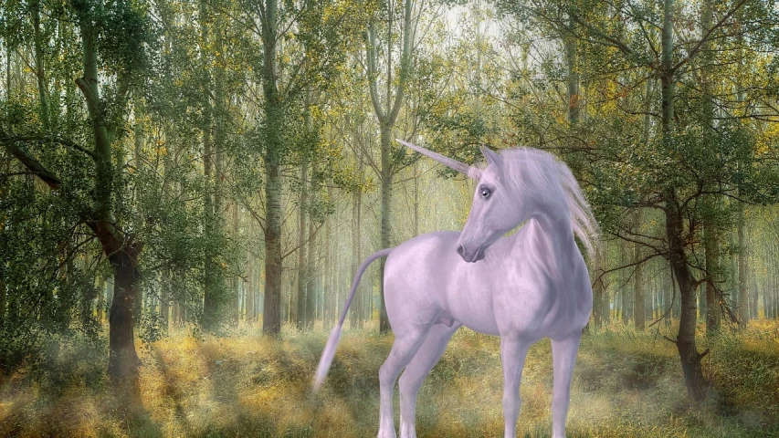 a white unicorn standing in the middle of a forest, inspired by Jacques-Laurent Agasse, trending on pixabay, magical realism, 3 d cg, pearlescent skin, beautiful morning, ultra realistic ”