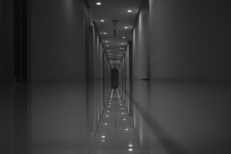 a black and white photo of a long hallway, a black and white photo, by Andrei Kolkoutine, unsplash, reflection of led lights, backrooms liminal space, white floor, rtx reflections