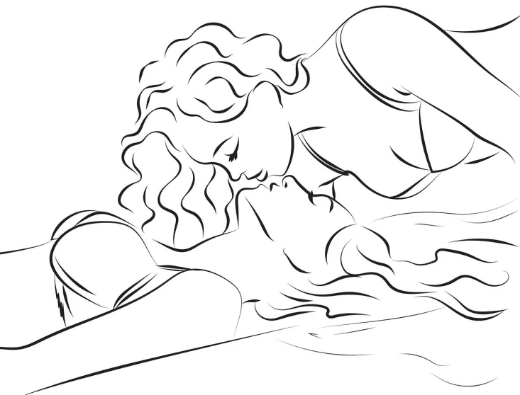 a drawing of a woman laying on a bed, lineart, by Martina Krupičková, shutterstock, portrait of two girls kissing, 4k. detailed drawing, the kiss, mom