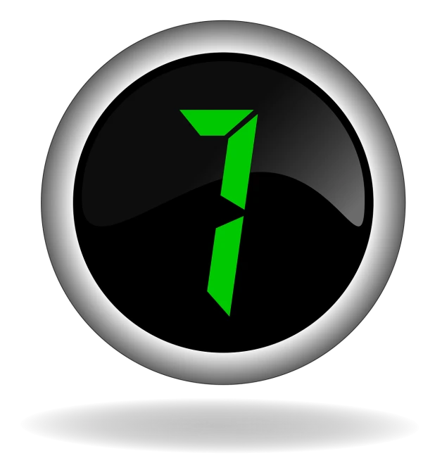 a black button with a green 7 on it, by Tom Carapic, deviantart, countdown, spherical, 7 feet tall, 1 : 1 hyper illustration