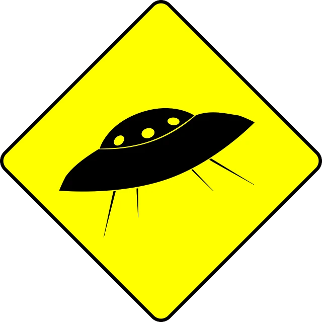 a black and yellow sign with a picture of a flying saucer, shutterstock, traffic signs, - h 8 0 4, alien fabric, orthodox