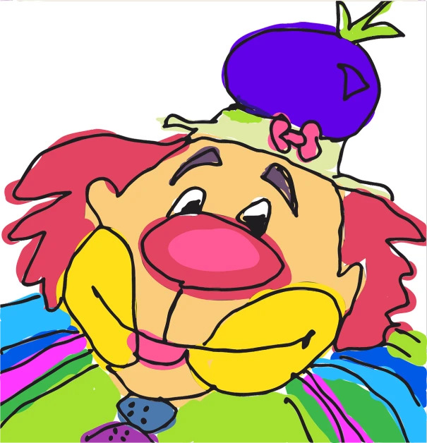 a drawing of a clown with a purple hat, inspired by Peter Max, made in paint tool sai2, closeup!!, poyo, pear for a head