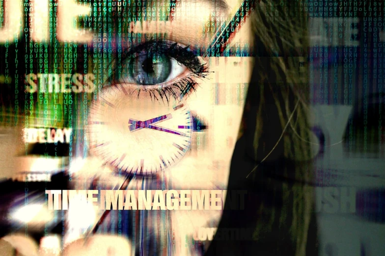 a close up of a woman's face with a clock in the background, a digital rendering, tumblr, digital art, hacking into the mainframe, serious business, posterized, messy