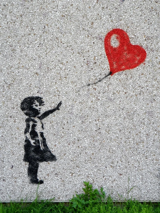 a painting of a girl holding a red heart balloon, chalk art, pixabay, street art, grainy photo, waving, on ground, closeup photo