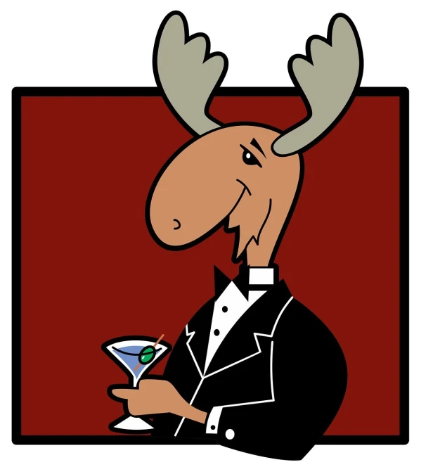 a moose in a tuxedo holding a martini, a cartoon, profile shot, portait photo, canada, vacation photo