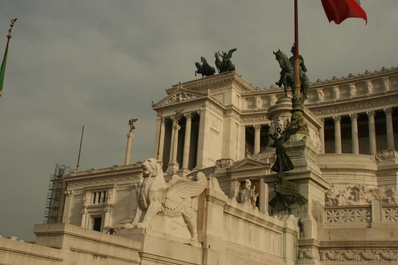 a statue of a man holding a flag in front of a building, a statue, by Francesco Raibolini, flickr, neoclassicism, horse on top, godrays from the right, athena, all roads lead to rome