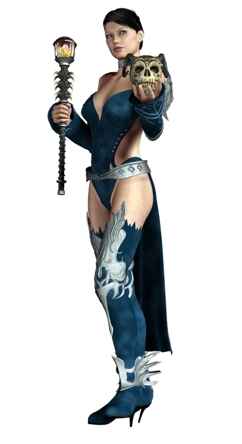 a woman in a costume holding a sword and a skull, a 3D render, inspired by Leng Mei, dark blue leather armor, dark blue and white robes, full body!, dragon inspired blue armor