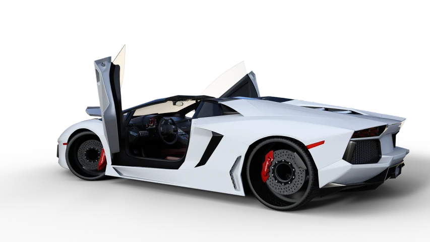 a white sports car with its doors open, a low poly render, by John Armleder, conceptual art, centerfold, rim lit, veneno, convertable