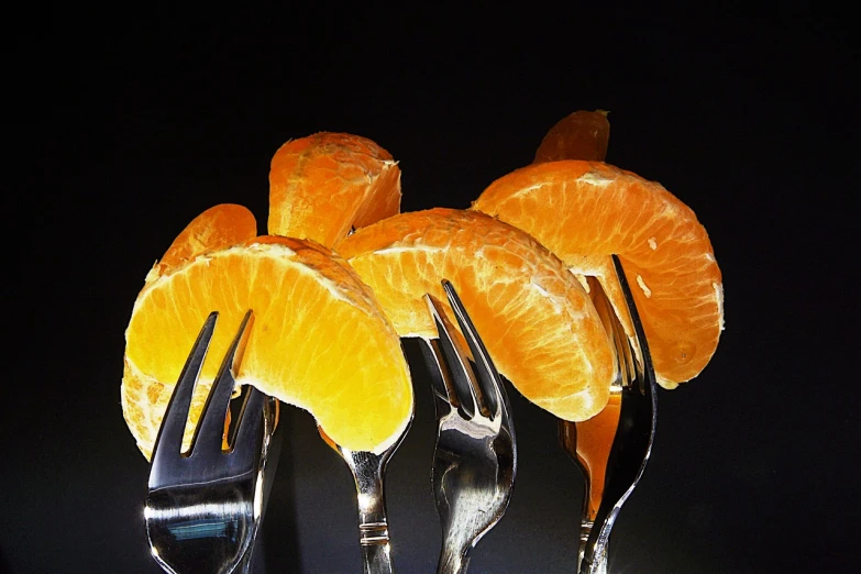 a couple of forks with orange slices on them, a macro photograph, by Ramón Silva, photorealism. trending on flickr, salad, shiny skin”, chris moore”