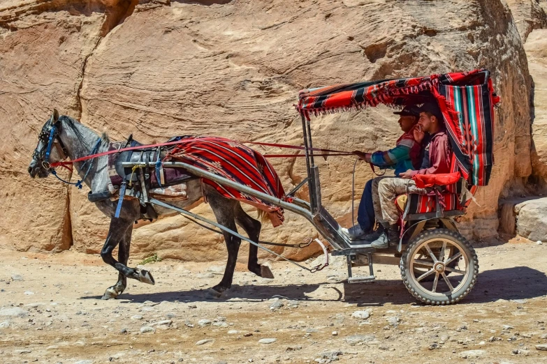 a man riding on the back of a horse drawn carriage, by Richard Carline, shutterstock, moab, details and vivid colors, travel photography, people at work