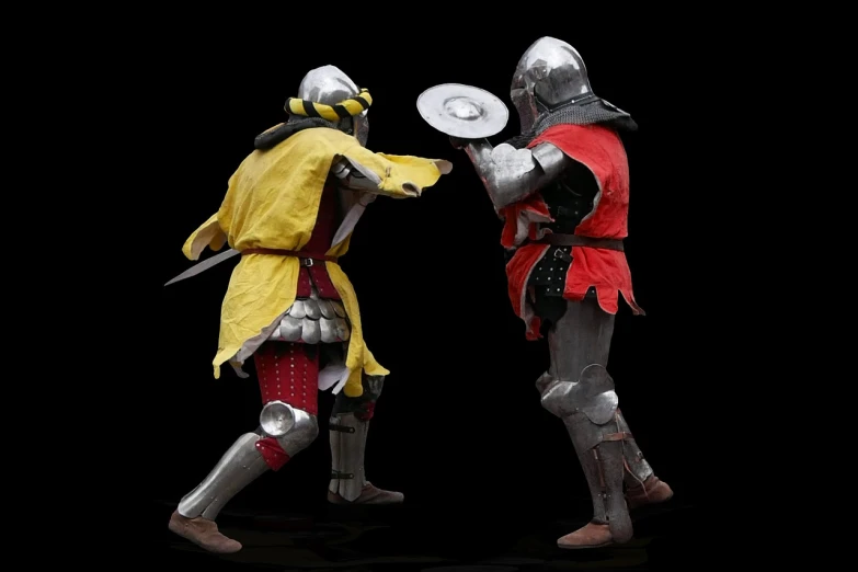 a couple of knights standing next to each other, a photo, by Simon de Vlieger, shutterstock, in a fighting pose, sparring, very accurate photo, with yellow cloths