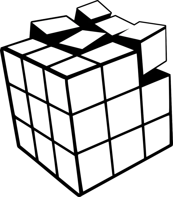 a black and white picture of a rubik cube, lineart, inspired by Ernő Rubik, pixabay, toy package, presents, white box, an scp anomalous object