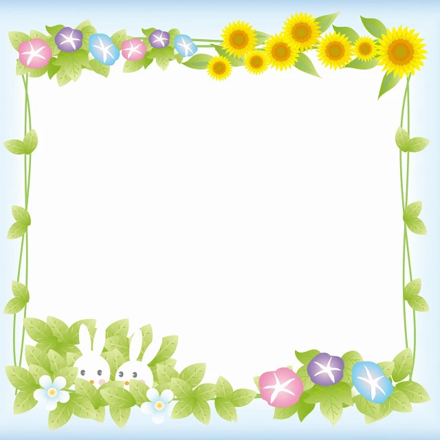 a picture of a frame with flowers and a bunny, a picture, flickr, sōsaku hanga, clear summer sky background, flat color and line, sunflower background, ivy vine leaf and flower top