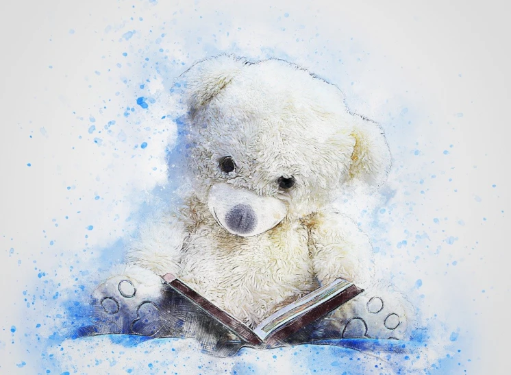 a white teddy bear is reading a book, a storybook illustration, analytical art, realistic painting effect, blue fur with white spots, blurred and dreamy illustration, high res