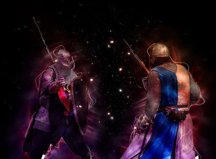 a couple of knights standing next to each other, inspired by Limbourg brothers, fantasy art, ominous space battle background, samurai duel, made with photoshop, twisted turn of fate abstraction