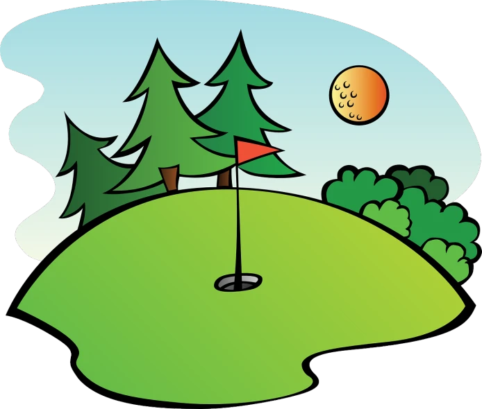 a golf course with trees and a flag, pixabay, naive art, in front of a round, no gradients, vacation photo, gogo : :