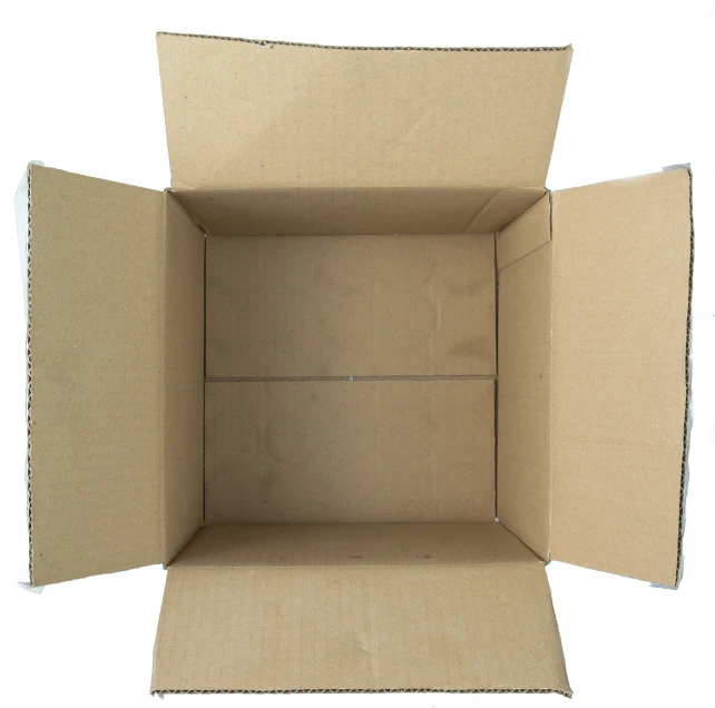 an open cardboard box on a white surface, a stock photo, by Andries Stock, shutterstock, view from inside, top-down shot, pillar, detailed picture
