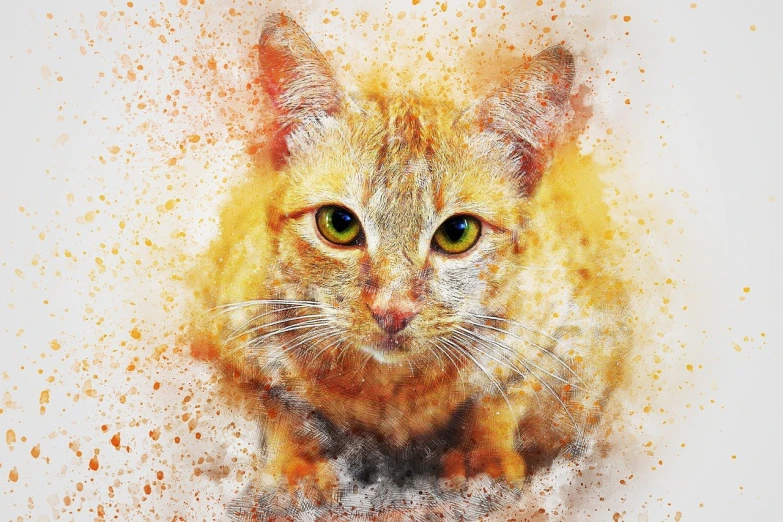 a watercolor painting of a cat with green eyes, a digital painting, by Mirko Rački, shutterstock, mixed media style illustration, a photograph of a rusty, splattered vibrant paint, innocent look. rich vivid colors