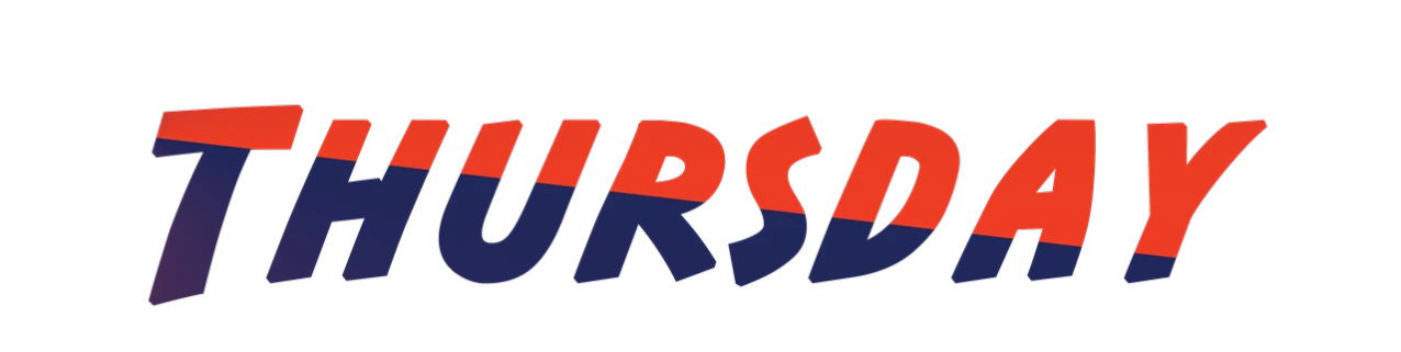a picture of the word thursday on a black background, inspired by Jerzy Kossak, purism, brand colours are red and blue, illinois vaporwave, nascar, jurassic