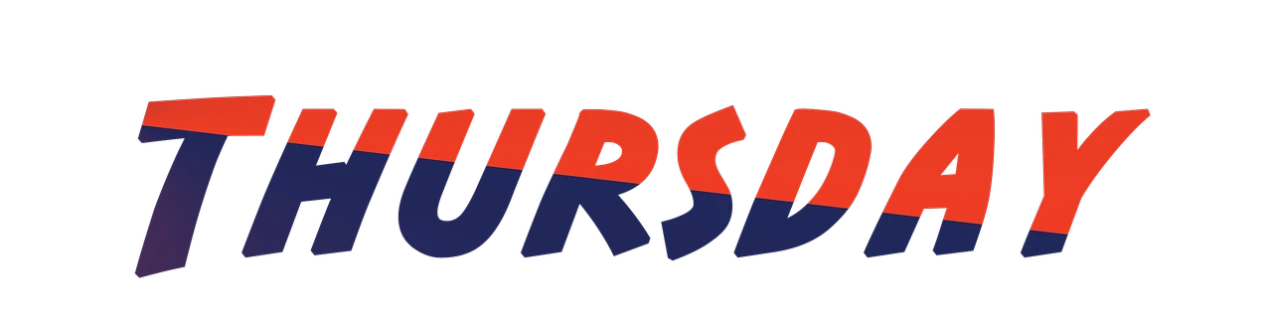 a picture of the word thursday on a black background, inspired by Jerzy Kossak, purism, brand colours are red and blue, illinois vaporwave, nascar, jurassic