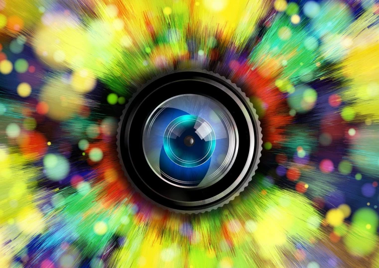 a close up of a camera lens with a blurry background, a picture, by Randy Post, shutterstock contest winner, art photography, colorful explosion, high definition. digital art, jumping at the viewer, posterized color