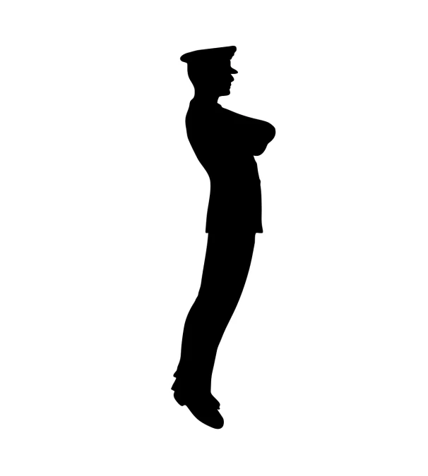 a silhouette of a man in a military uniform, figuration libre, large breasts size, traffic police woman, above side view, marine