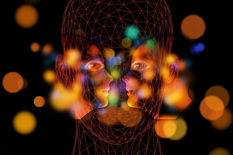 a close up of a person's face with lights in the background, digital art, by Aleksander Gierymski, shutterstock, digital art, two heads one body, chakra diagram face, net of being, three-dimensional image