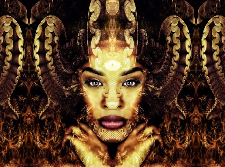 a woman with a golden crown on her head, digital art, inspired by H.R. Giger, afrofuturism, mixed with snake, symmetical face, evil steampunk pyromancer woman, coy expression wearing intricate