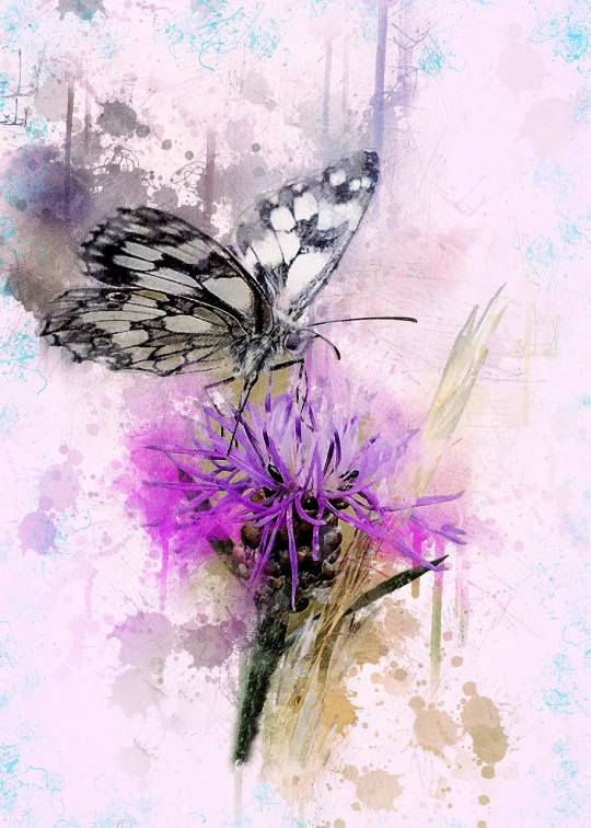 a butterfly sitting on top of a purple flower, a watercolor painting, trending on pixabay, modern european ink painting, mixed media style illustration, digital oil on canvas, a painting of white silver, high contrast illustration