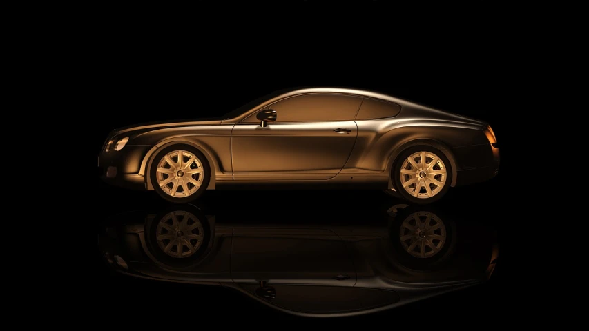 a close up of a car on a reflective surface, a 3D render, zbrush central contest winner, black and gold rich color, bentley, sepia toned, side lighting